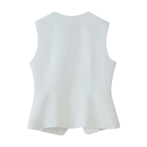 White sleeveless round neck waistcoat with waist-slimming peplum hem tailored for women