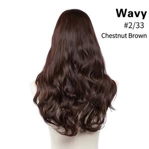 Detailed back view of wavy chestnut brown hair extensions in shade #2/33 on a model