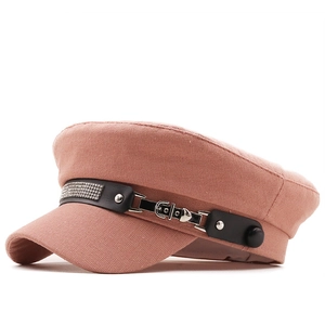 Chic dusty pink rhinestone baker boy hat with black leather strap and silver heart buckle