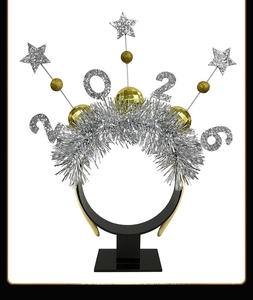 Close-up of 2026 New Year headband with silver stars and glittery disco ball details