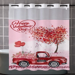 Detail of waterproof waffle shower curtain with Valentine's Day truck and heart motifs