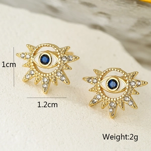 Detail view of 18K gold evil eye stud earrings with blue zircon and size dimensions