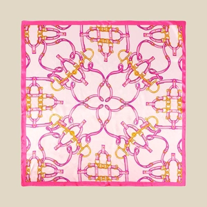 Detailed pattern of gold chains and pink leather straps on a silk satin square scarf
