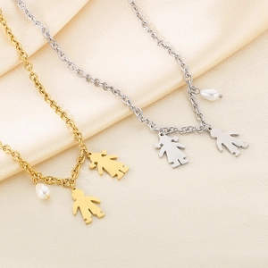 Gold and silver stainless steel child pendant necklaces with boy, girl, and pearl charms