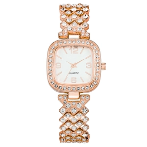 Elegant gold square quartz watch for women with sparkling crystal rhinestones and metal band