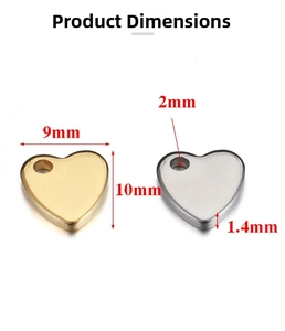 Detailed view of polished stainless steel heart charms with size measurements