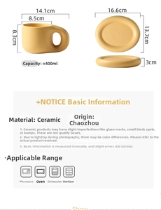 Detailed size specifications of chubby ceramic mug and tray set in cream yellow color