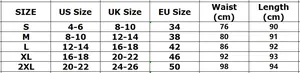 Gedetailleerde maattabel voor rok met hoge taille met US, UK, EU maten