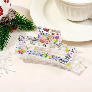 Festive transparent New Year hair claw clip with colorful Happy New Year print and stars