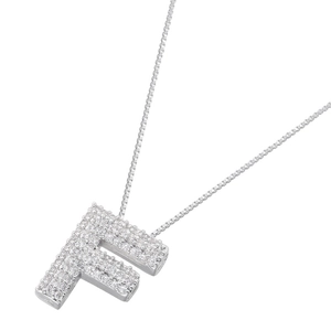 Detailed close-up of the silver letter F pendant with pavé cubic zirconia on a box chain