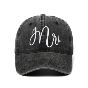 Vintage washed charcoal grey baseball cap with white Mr. embroidery and distressed finish