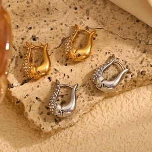 U-shaped 18K gold plated stainless steel hoop earrings with micro-paved crystals