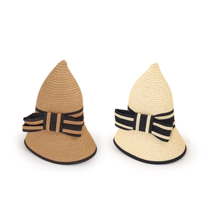 Chapeau de paille d'été à large bord avec nœud rayé décoratif pour femmes à la mode
