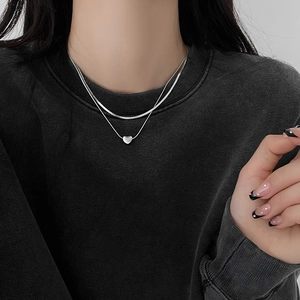Heart Pendant Double Layer Necklace Copper Snake Chain Minimalist Elegant For Women
