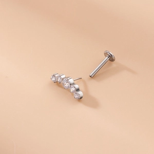 16G stainless steel labret stud with curved row of five clear cubic zirconia stones