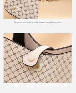 Detail view of printed bucket bag with gold hardware and magnetic closure mechanism