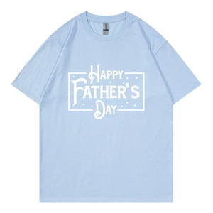 Macro view of light blue cotton T-shirt fabric with Happy Father's Day print