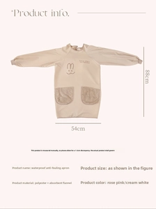 Detail view of waterproof long-sleeve apron with cute bunny pocket and size parameters