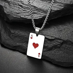Hip hop style playing card Ace of Hearts pendant necklace on silver metal ball chain