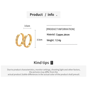 Detailed spec sheet showing 18k gold plated 3.5cm hoop earrings with zircon floral motifs