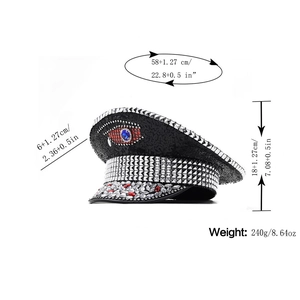 Black sequined captain hat with silver studs and rhinestones for wedding parties