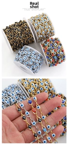 Detailed macro view of gold-plated evil eye bead chain DIY jewelry accessory