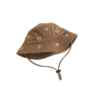 Brauner Kinder-Anglerhut aus Cord mit Bären-Stickerei und verstellbarem Kinnriemen