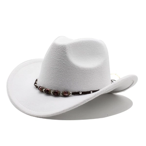 Close-up of white felt cowboy hat with beaded woven band and silver accents