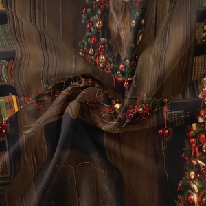 Detail of Christmas wreath pattern on soft fabric with library bookshelf background