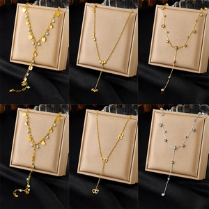 Stainless Steel Y-Shaped Tassel Necklace Rhinestone Heart Star Pendant Minimalist Jewelry For Women