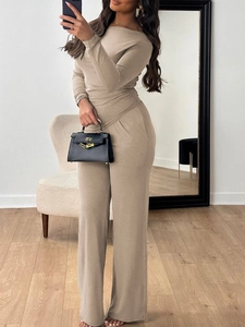Chic khaki two-piece set featuring off-shoulder long sleeve top and wide-leg trousers
