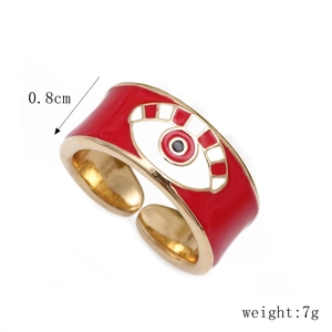 Detail of red enamel evil eye ring with 0.8cm width and adjustable golden metal band