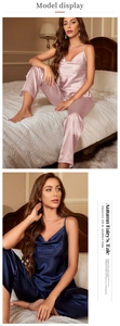 Close-up of silk satin camisole sleepwear set with adjustable straps and cowl neck