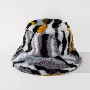 Thick plush bucket hat with retro multi-color camouflage pattern and faux fur texture