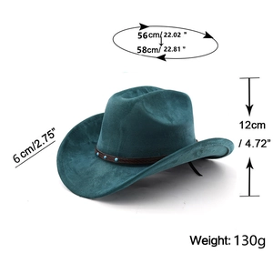 Detailed size chart of western suede cowboy hat with 56-58cm circumference and 12cm height