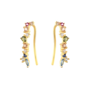 Detail view of gold-plated S925 silver ear crawlers with colorful zircon gemstones