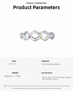 Detail of S925 sterling silver wave ring with colorful cubic zirconia and dimensions