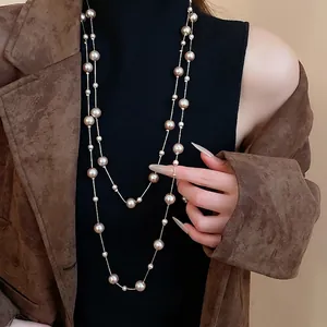 French Elegant Long Artificial Pearl Necklace For Women Layered Alloy Chain Faux Artificial Pearl Minimalist Retro Sweater Chain Jewelry