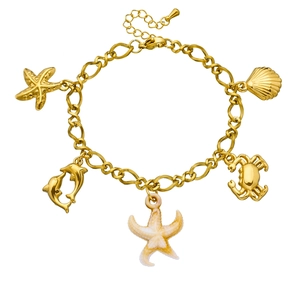 Bracciale in acciaio inossidabile dorato con ciondoli a forma di stella marina e delfino