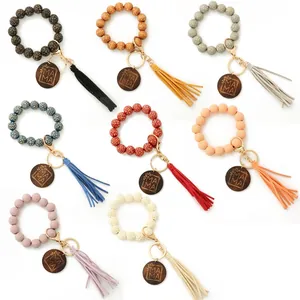 Leopard print wood bead bracelet keychain with tassel and MAMA charm in 8 colors