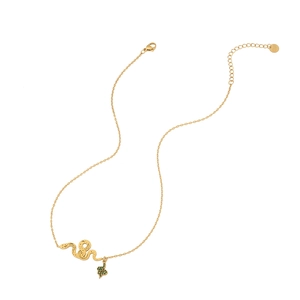 Gold stainless steel snake pendant necklace with a green clover charm on white background