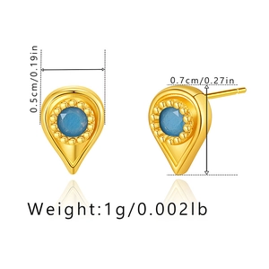 Detail view of gold turquoise stud earrings with 0.7cm height and water drop shape