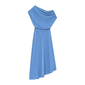 Elegant blue asymmetric one-shoulder draped midi dress with waist flattering silhouette