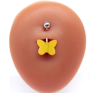 Cute butterfly belly button ring with yellow charm on silver stainless steel bar