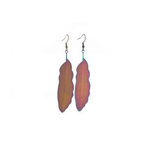Detailed close-up of rainbow gradient leaf-shaped hollow earrings with metal hook