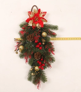 Detail of 38cm Christmas teardrop swag with red flower, gold pinecones and berry accents