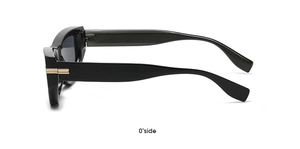 Side view of black narrow cat-eye sunglasses featuring elegant gold metal hinge details