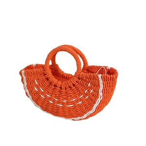 Chic semi-circle orange straw woven bag with white stitching for beach vacations