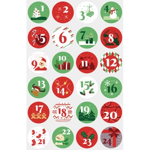 Christmas countdown calendar stickers with numbers 1-24 and festive cartoon illustrations