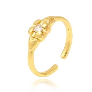 Elegant 18K gold plated copper ring with square zircon and leaf accents on white background
